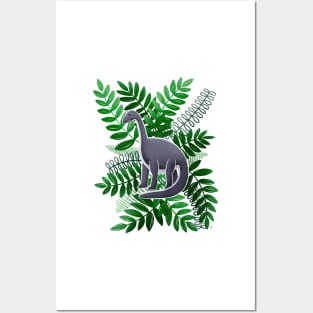 Dinosaur & Leaves - Jungle Green Posters and Art